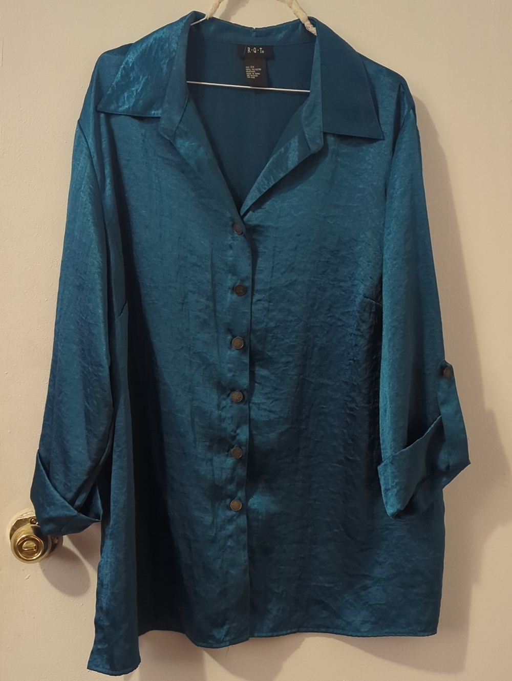 Teal Satin Button-Front Women’s Blouse